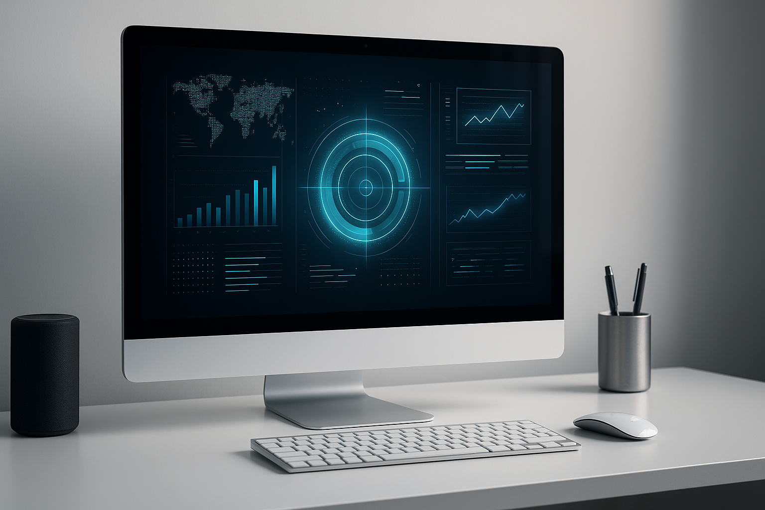 Professional desktop computer illustration with modern UI interface.