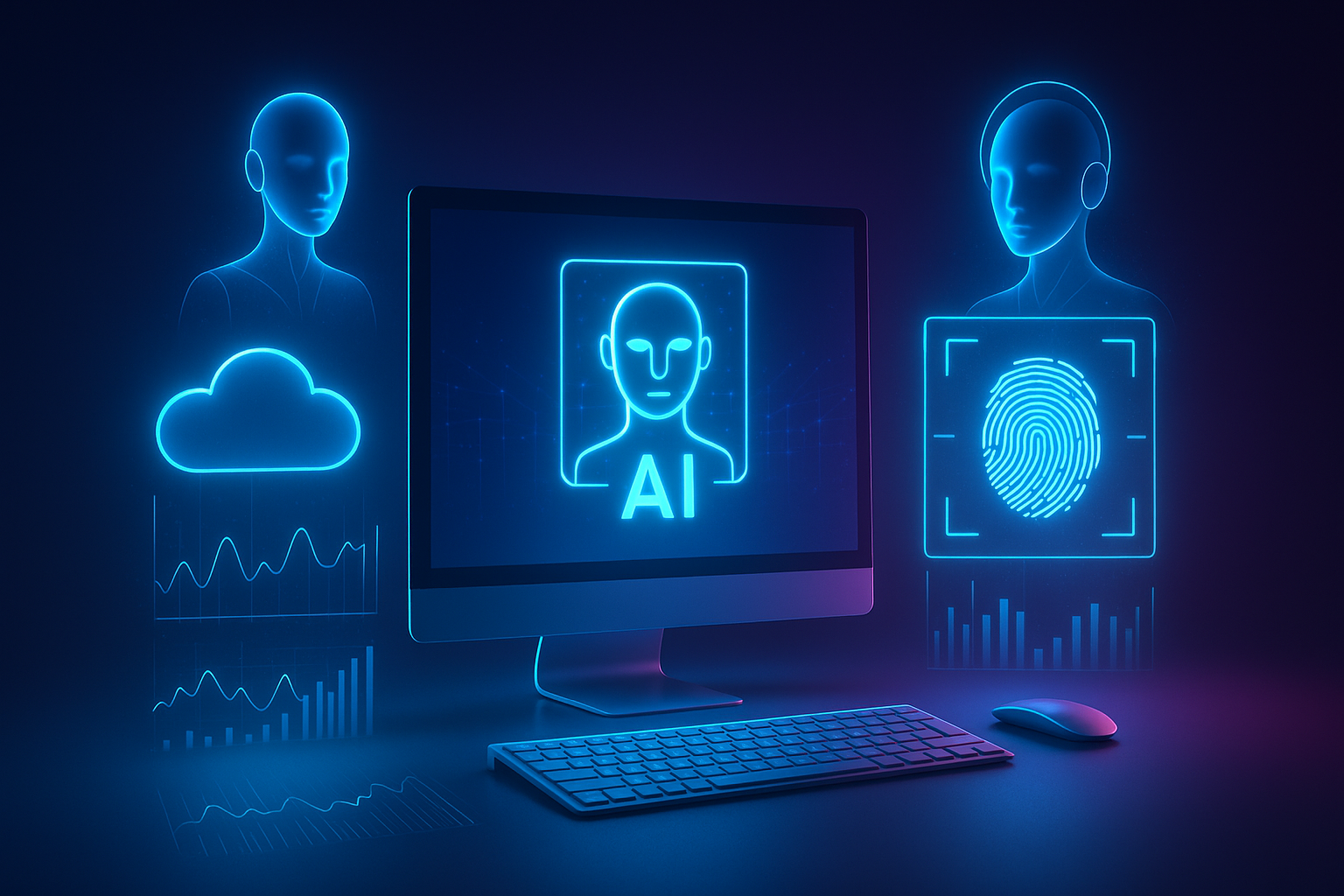 Futuristic concept of AI-powered and cloud-integrated desktop apps.