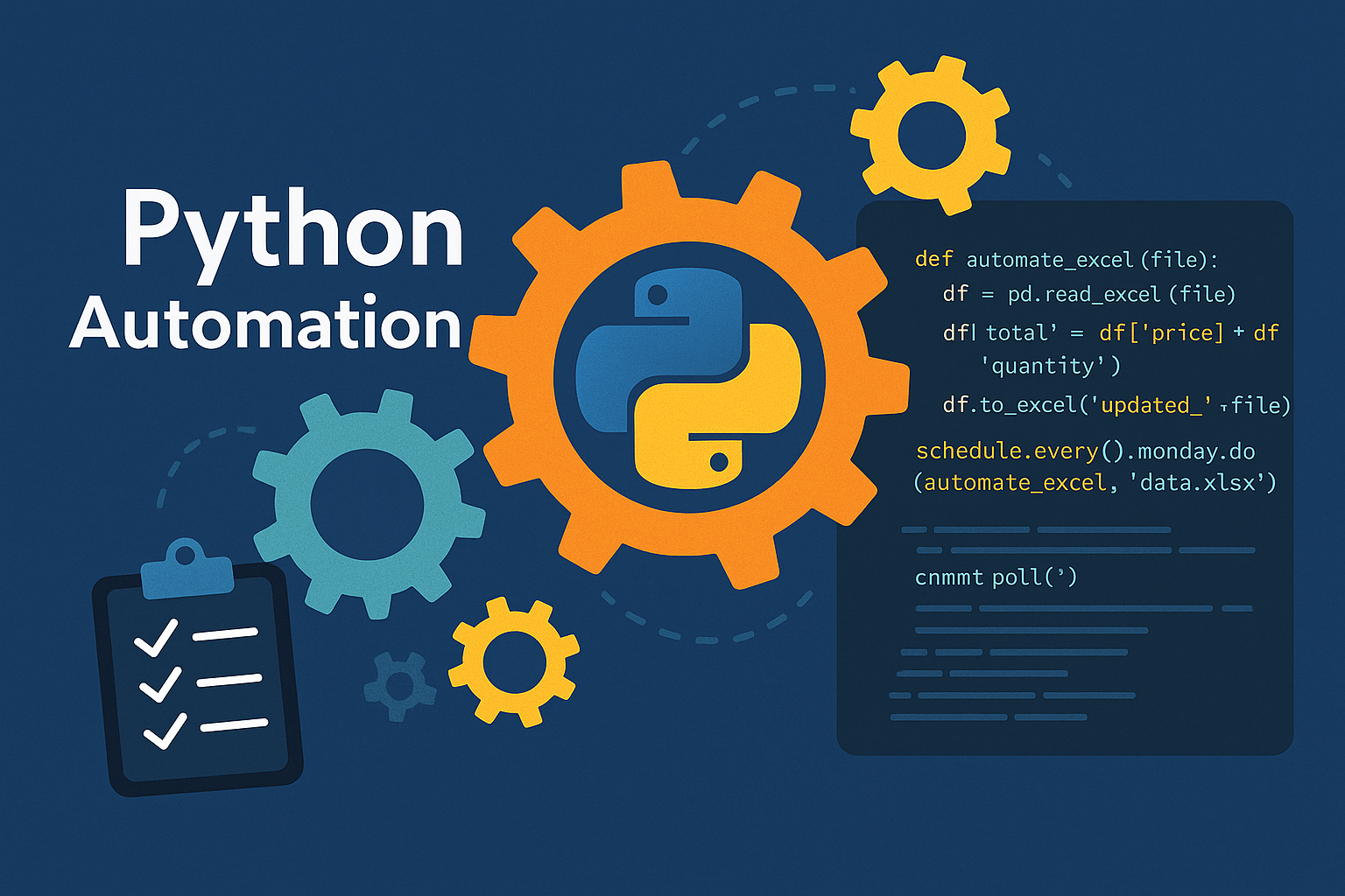 Python automation concept illustration Python automation concept illustration with gears and code overlay